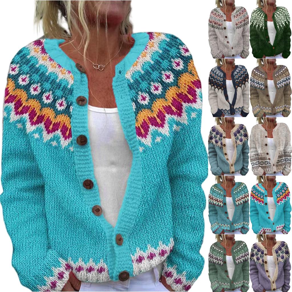 Swetry kardigan Fair Isle dla kobiet z okrągłym dekoltem, o luźnym kroju, zapinane na guziki, gruby sweter, otwarty przód, casualowa jesienna dzianinowa kurtka