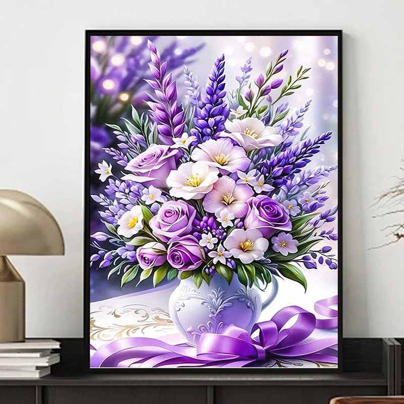 

Новое поступление 5D DIY Полная круглая алмазная живопись Фиолетовый букет Вышивка крестом Домашний декор Подарок 20x30cm