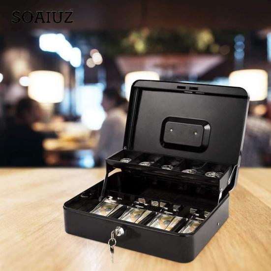 Cash Storage Box with Lock 2 Keys Metal Money Box with Cash Tray Large Capacity Multi-compartments Portable Lock Safe Box