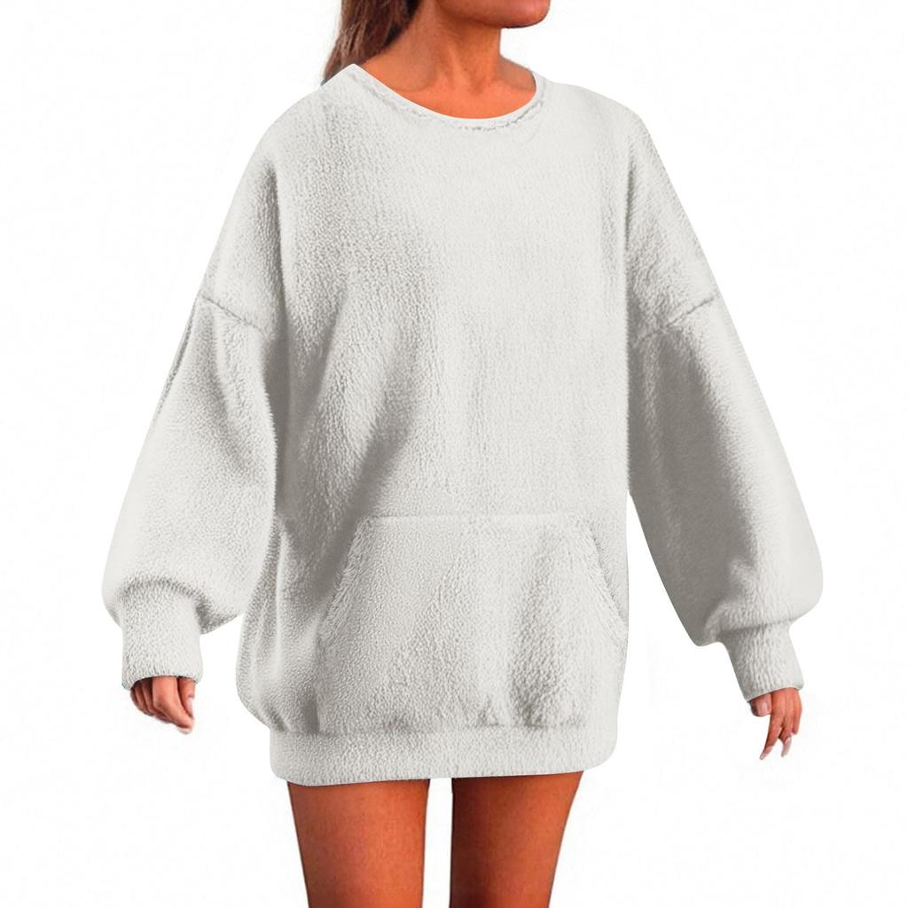 Women's Fuzzy Fleece Crewneck Sweatshirt Loose Long Sleeve Plush Soft Winter Pullover Thermal Tops With Pockets