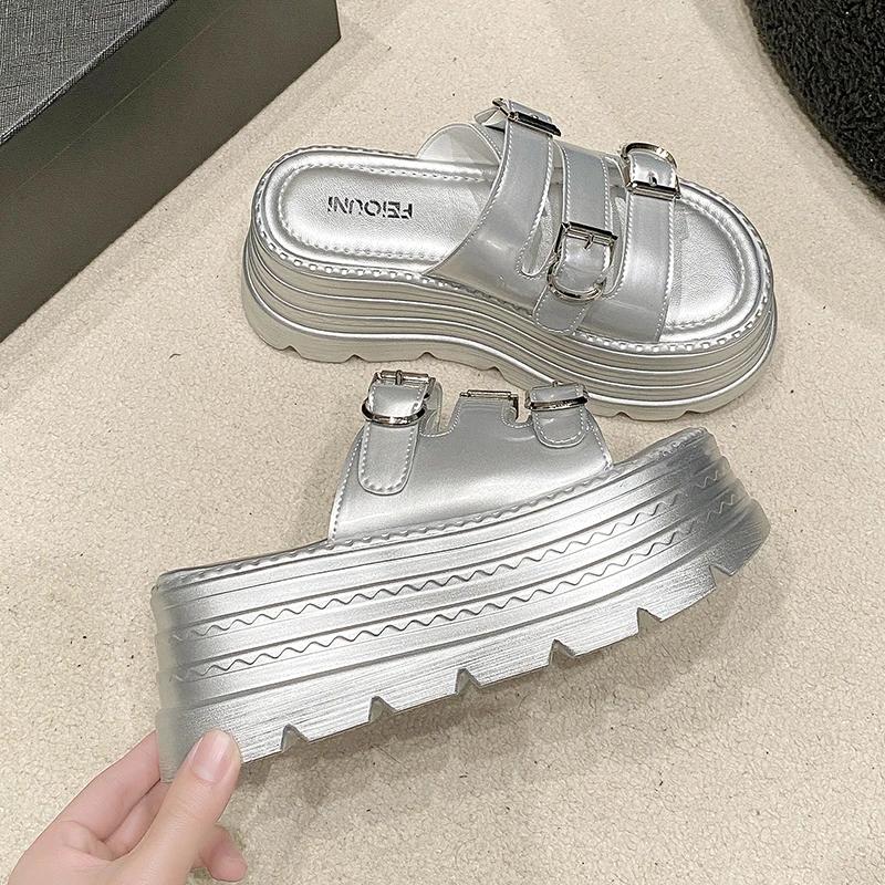 Fashion 8cm Microfiber Synthetic Leather Flats Summer Outside Peep Toe Women Sandal Slippers Woman Pumps High Platform Wedge Shoes