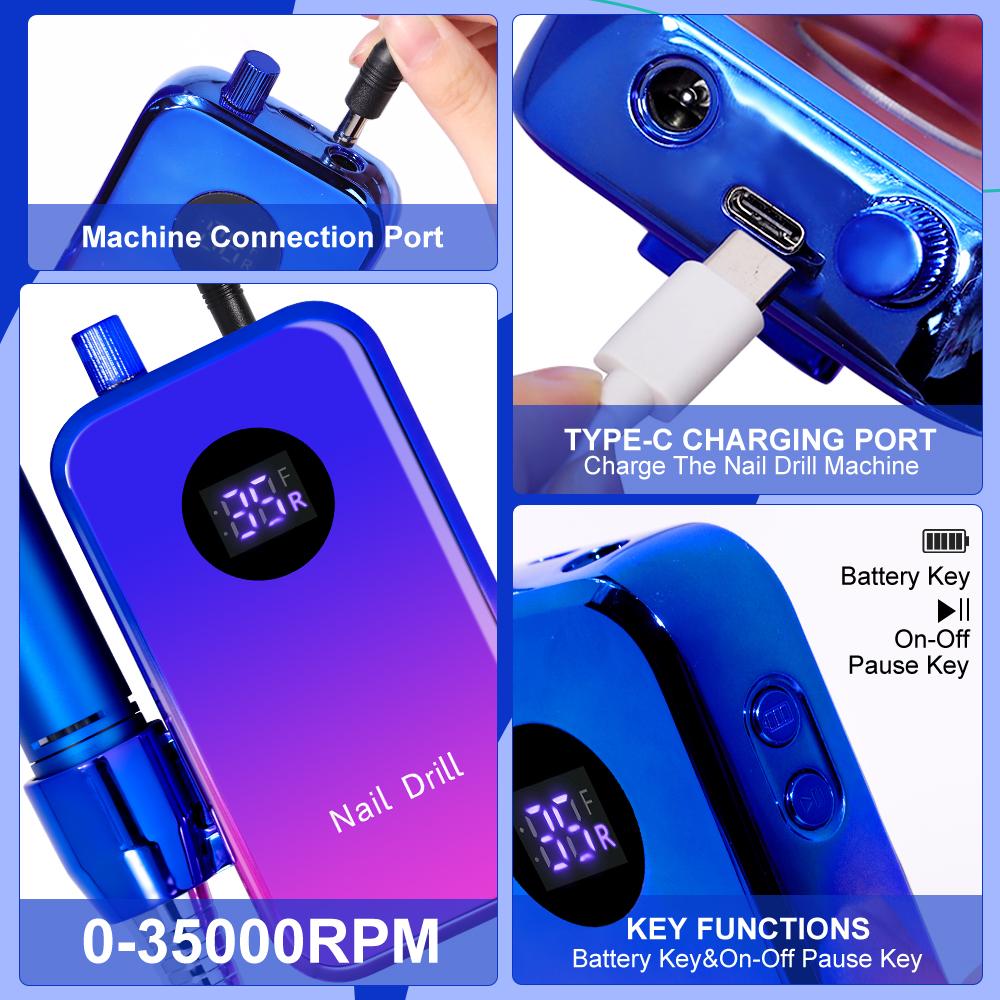 Professional 35000RPM Portable Electric Nail Drill Machine Display Nails Sander For Acrylic Gel Polish Rechargeable Nail Tool