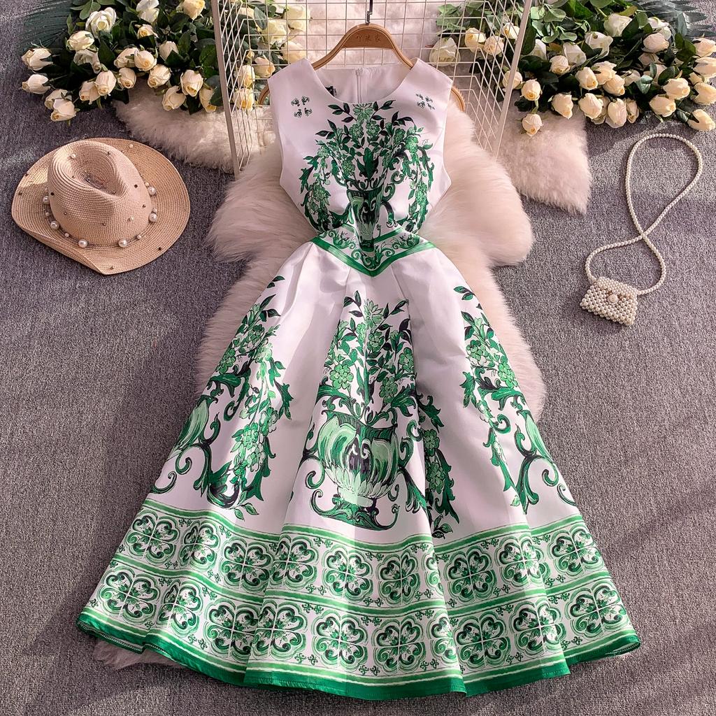 Summer Vintage Designer Print Blue White Porcelain Runway Dress Women Fashion Sleeveless Tank Midi Party Dresses