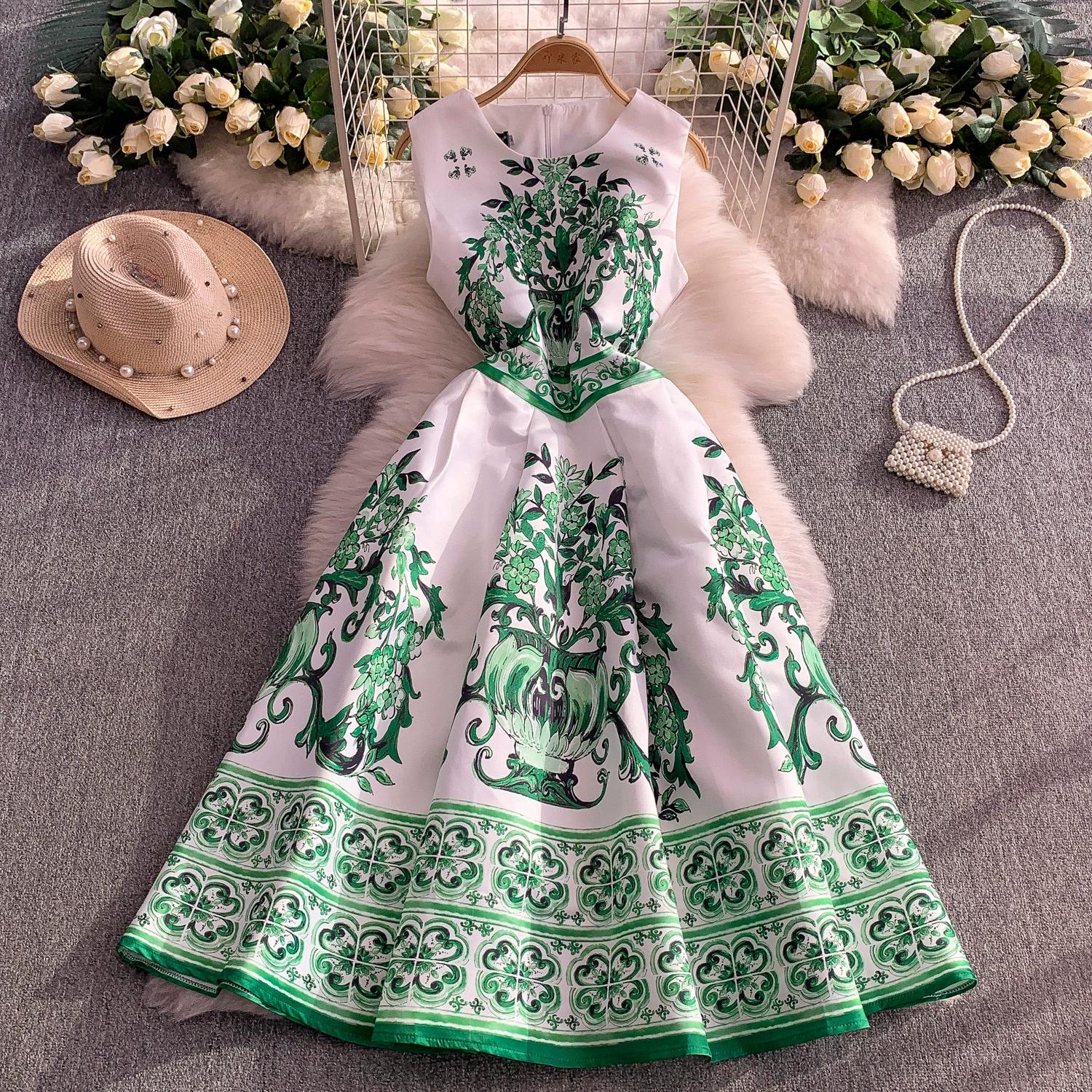 

Летнее винтажное дизайнерское платье с принтом, сине-белый фарфор, подиумное, женская мода, без рукавов, майка, миди, вечерние платья XXL зелёный