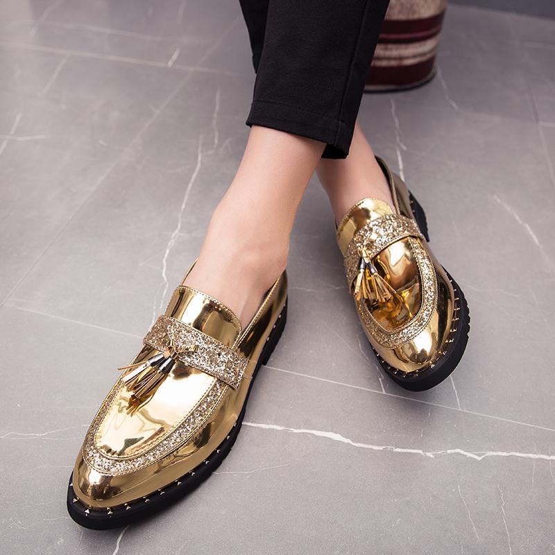Brand Gold Tassel Leather Men Shoes Designer Glitter Brogue Shoes Men Formal Loafers Shoes Sequins Wedding Party Dress Shoes Men