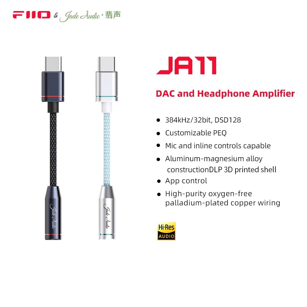 Jade Audio JA11 USB DAC with Built-in Headphone Amplifier, Bus-Powered, FIIO 3.5mm to USB Type-C Converter, Compact and Lightweight (White)
