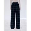 ZIHAN Women's Wool Blend Navy Plaid Wide-Leg Trousers