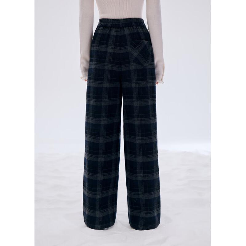 ZIHAN Women's Wool Blend Navy Plaid Wide-Leg Trousers