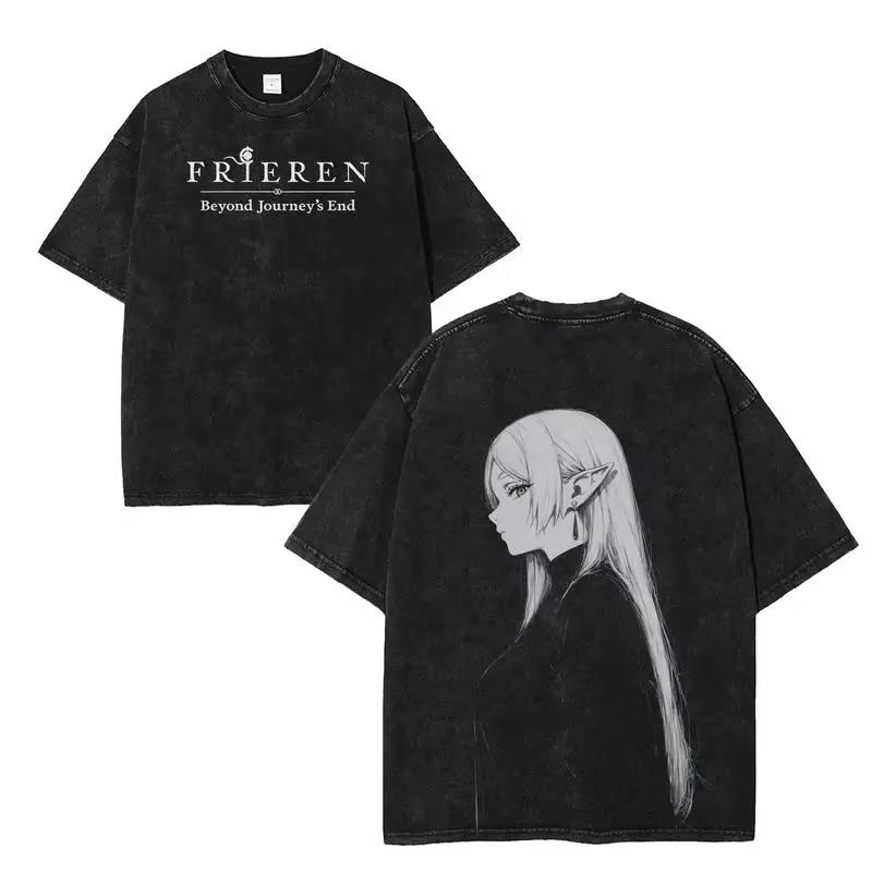 Gothic Washed Frieren Beyond Journey's End Printed T‑Shirt Anime Manga Retro Graphic Oversized Short Sleeve Casual Streetwear Cotton Tee For Men Women