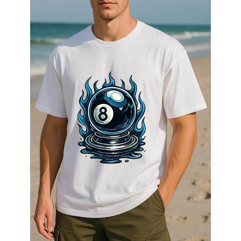 European sizes Men'S Flame 8 Billiards Graphic T-Shirt - with Flame & Number 8 Pool Print, Medium-Stretch Breathable Fabric