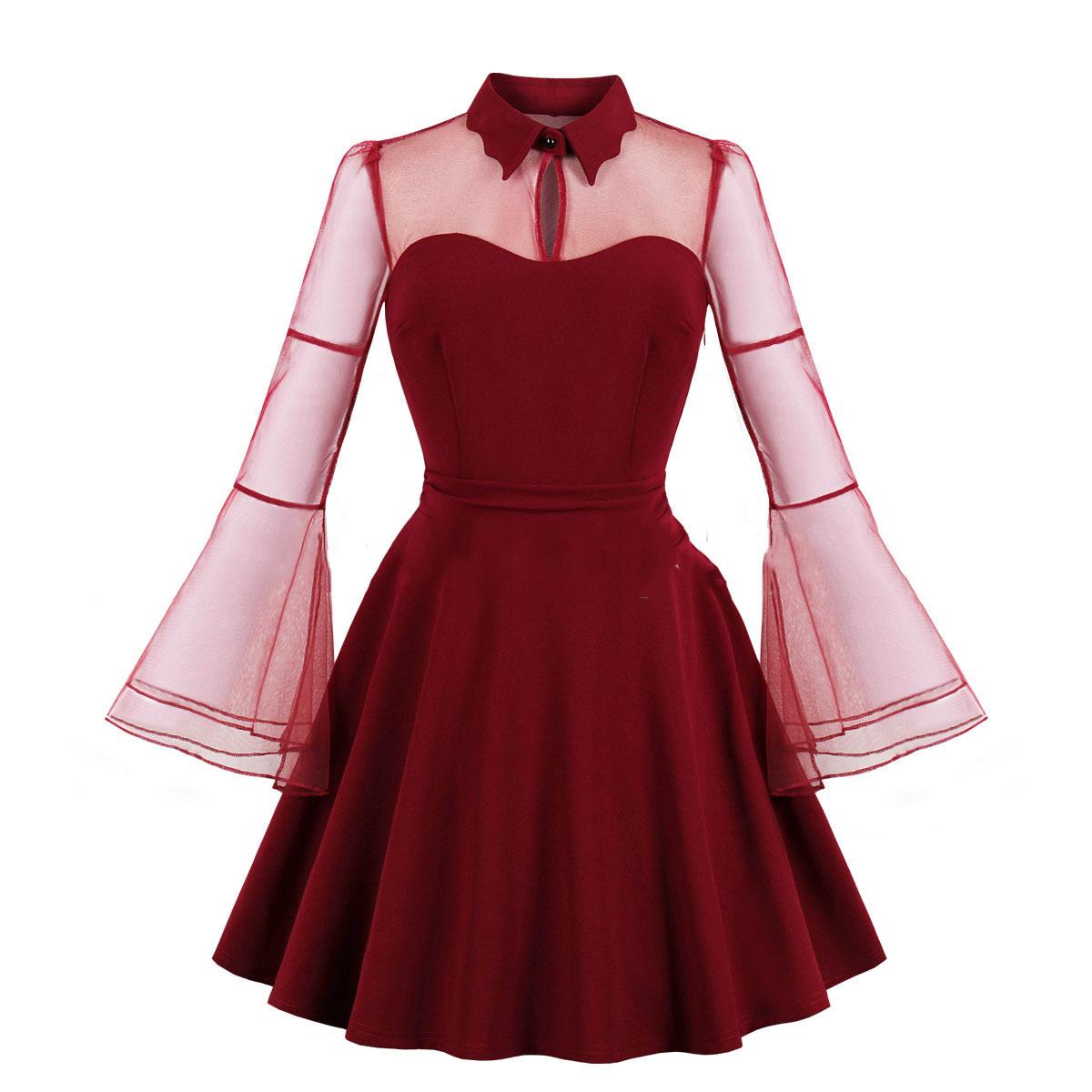 

Весенне-осенняя мода Женская одежда Темная сетка Платье с длинным рукавом Ретро Повседневная юбка миди S вино красного