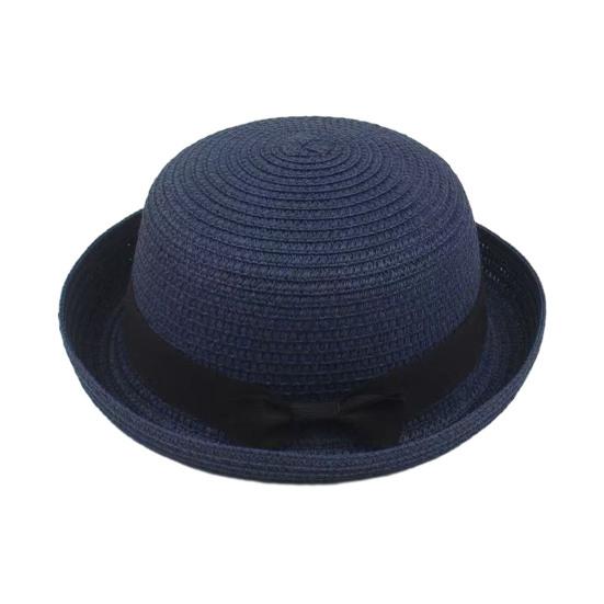 Parent-child Beach Hat Dome Curved Brim UV Protection Hat Handwoven Summer Outdoor Straw Hat with Black Satin Ribbon Bow