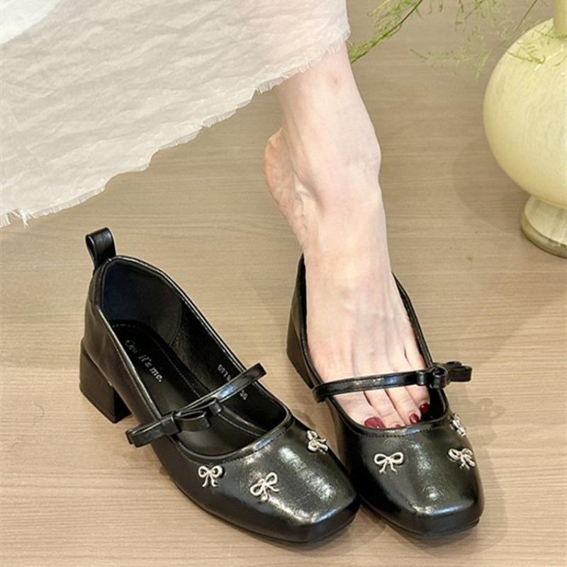 Bow Block Heel Shoes Women 2026 New Fashion French Vintage Single Shoes 35 чёрный