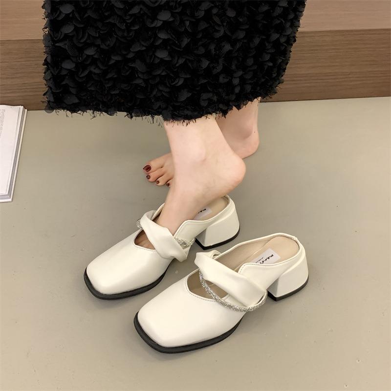 Thick Heel Bag Head Slippers Women's Summer Wear New Versatile Square Head Middle Heel with Half Slippers