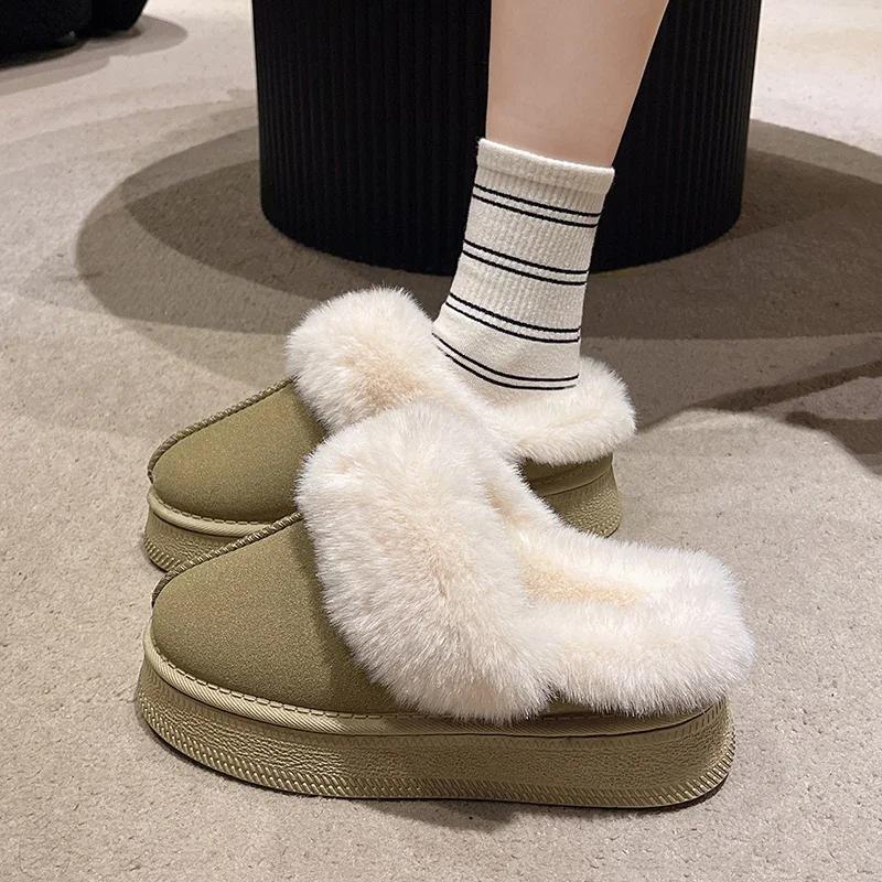 Fashion Platform Suede Flats Women Slippers Plush Warm Casual Snow Boots 2024 Winter Slingback Cozy Cotton Shoes Walking Chaussures Lady