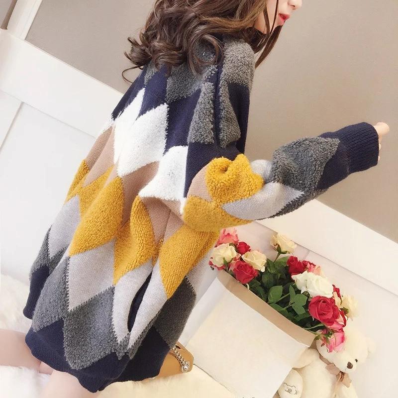 Autumn Plus Size Sweater Jacket Women's Cardigan Mid-length Diamond Loose Lazy Wind Thick Knitted Sweater