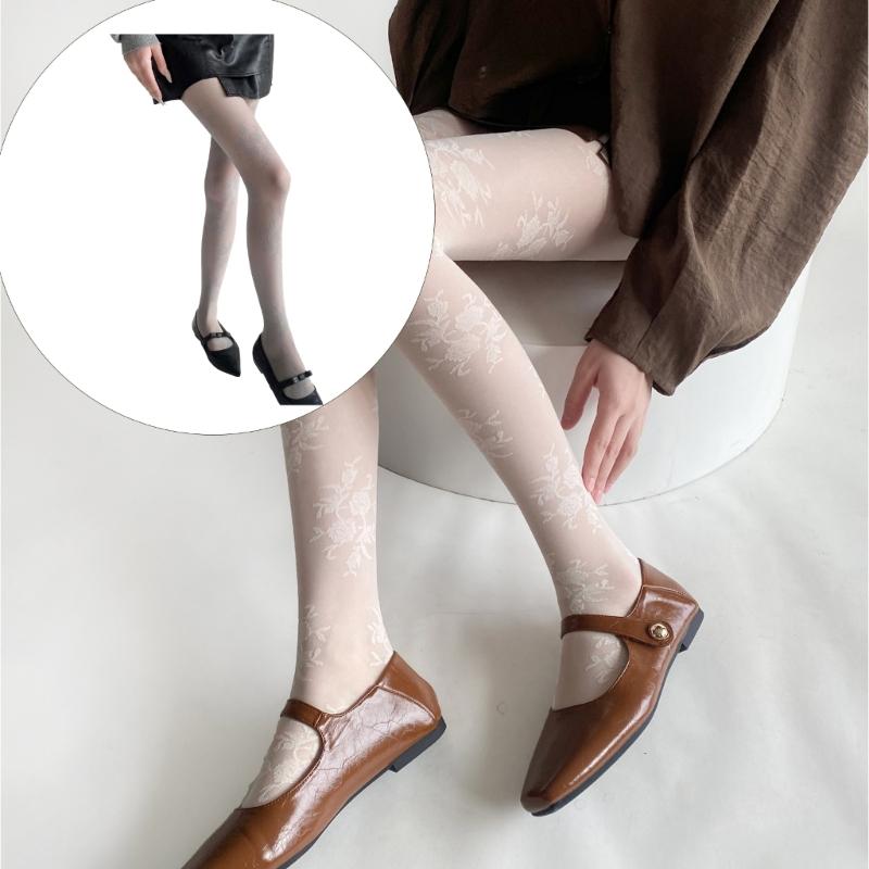 Stylish Floral Jacquard Pantyhose High Stretch Nylon Fabric Reinforced Toe Heel Breathable Design Multi Purpose Wear
