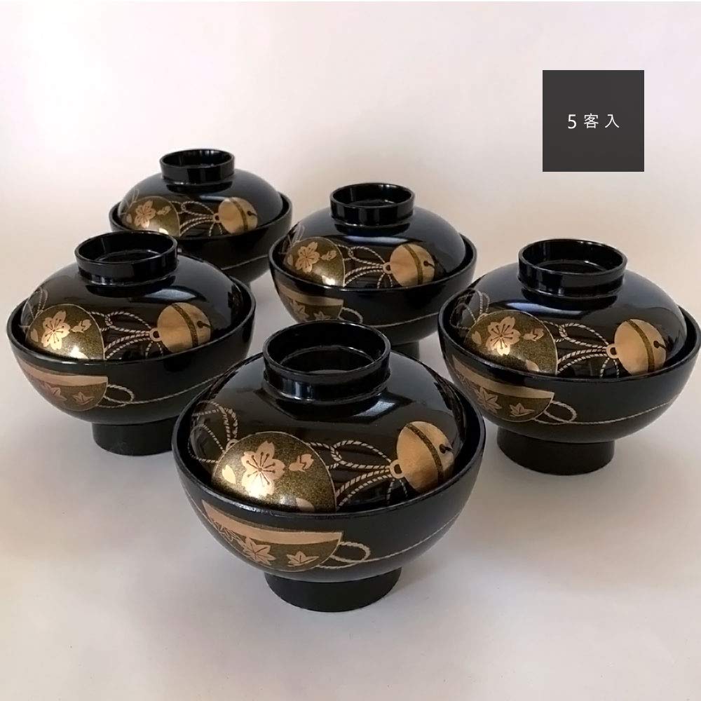 Yamaga Lacquerware Shop Zoni Bowls with Lids, Suzushunju Lacquerware, Set of 5, New Year's, Made in Japan, Makie (gold lacquer) finish, Diameter 12cm