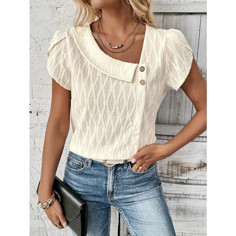 women s Solid Color Asymmetrical Collar Textured Knit Petal Short Sleeve Elegant Casual Blouse Top S