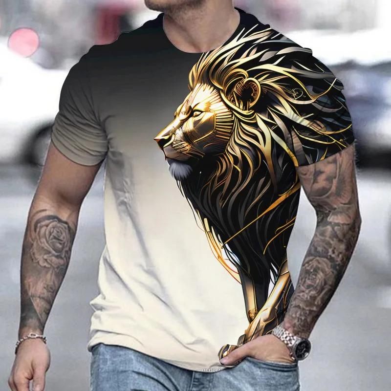 Men's 3D lion and animal print retro T-shirt, fashionable round neck short sleeved T-shirt, men's oversized lion