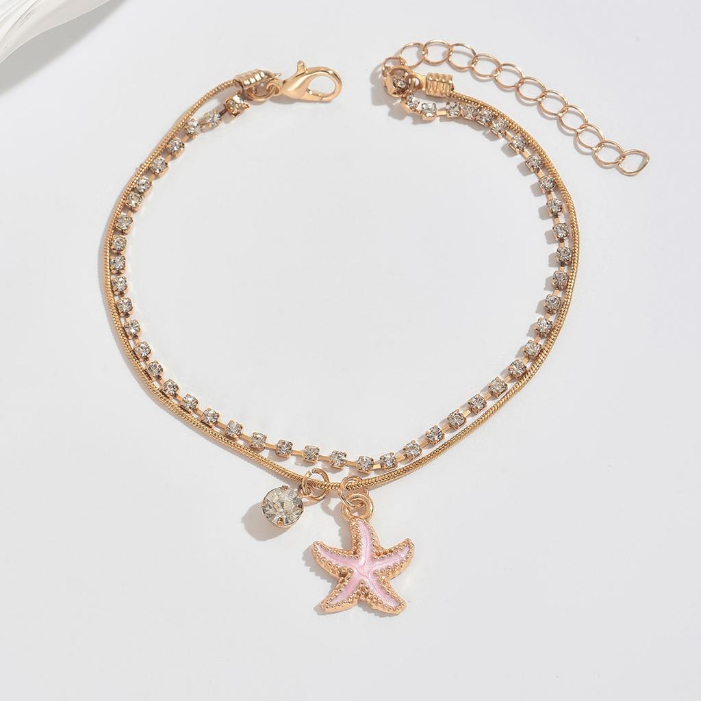 European, American Bohemian wind dripping oil starfish pendant, rhinestone double-layer beach anklet, fashionable and exquisite foot accessories for