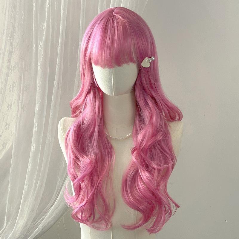 Japanese Korean Black Long Curly Hair Wig Women's Air Bangs Big Waves Synthetic Full Head Cover