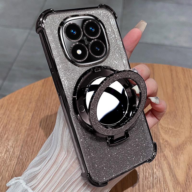 Glitter Shockproof Silicone Case For Xiaomi Redmi 14C Note 14 Pro Plus 4G 5G Note 14S Mirror Magnetic Holder Stand Soft Cover