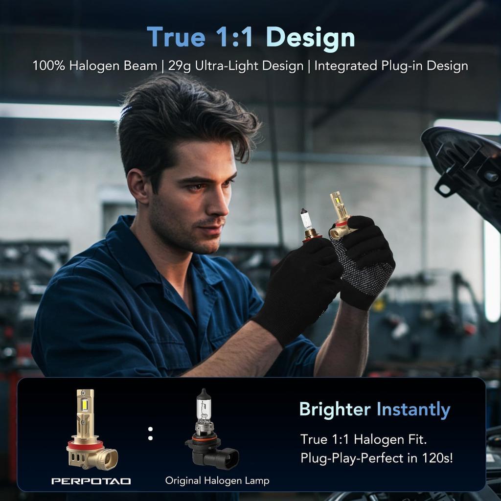 H11 9005 Bulbs Combo, 70,000LM 800% Ultra-Brightness, 60,000H Lifespan, 1:1 Halogen Mini Size, 6000K White, IP68, Plug-And-Play, 4-PACK