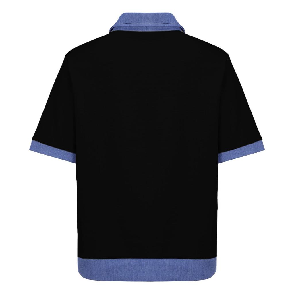 Women Short Sleeve Patchwork Polo Collar Casual Loose Fit T Shirt Soft Fabric Lightweight Top