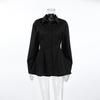Womens Slim Fit Pleated Cotton Blouse Long Sleeve Office Shirt Mid-Length Brown White Black