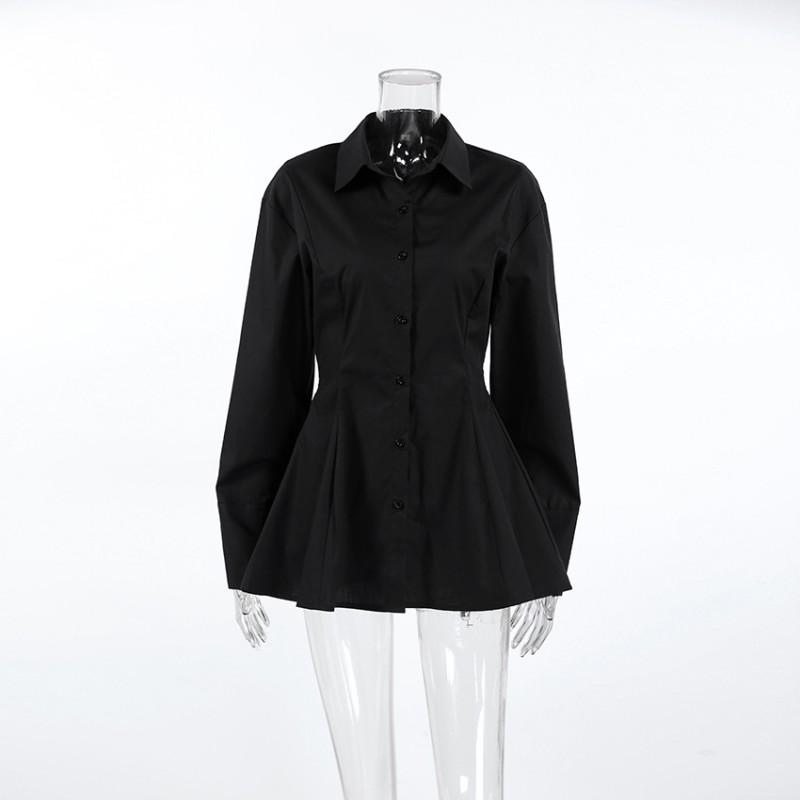 Womens Slim Fit Pleated Cotton Blouse Long Sleeve Office Shirt Mid-Length Brown White Black