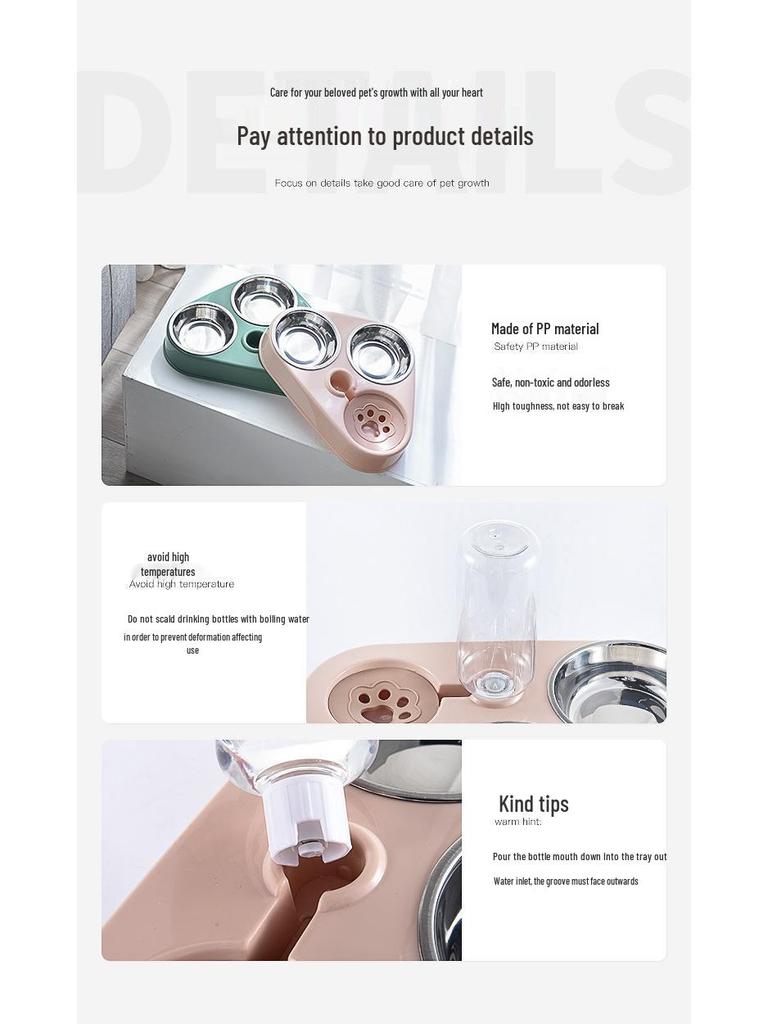 Cute Triangle Pet Bowl Set: 3 Plastic Bowls with Automatic Water Dispenser and Splash-Proof Design