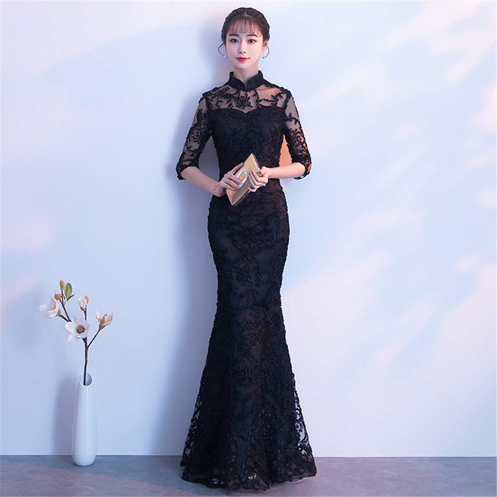 New Wedding Red Long Fishtail Slim Fit for Banquets [YUANYUAN] Autumn/Winter Cheongsam, Dress, (Black, XL)