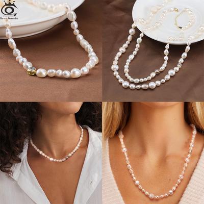 ORSA JEWELS 925  Silver Freshwater Pearls Beads Necklace 14K Gold Plated Paperclip Neck Chain with Baroque Pearls Collar
