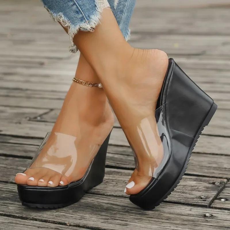 Fashion Ladies Shoes 2024 Hot Sale Open Toe Women's Slippers Summer Transparent Solid Outdoor Casual Platform Wedge Large Size Slippers