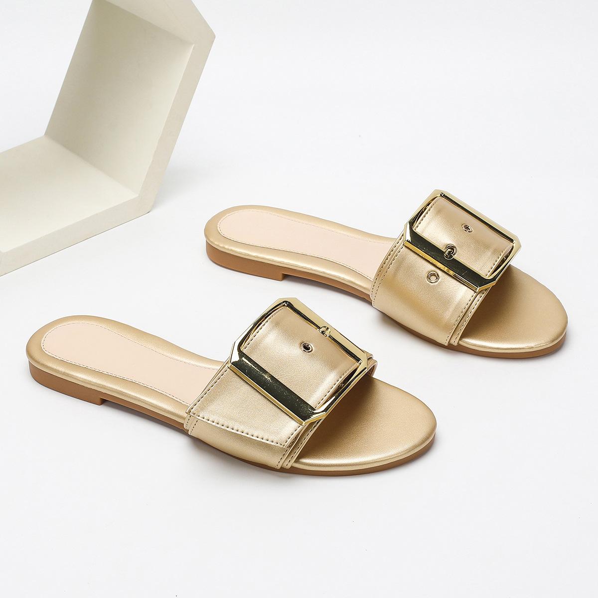 

Мода 2025 Новые Роскошные Изысканные Женские Тапочки Летняя Мода Золотистый Круглый Носок Удобная Плоская Подошва Нескользящие Женские Тапочки 43 золотой