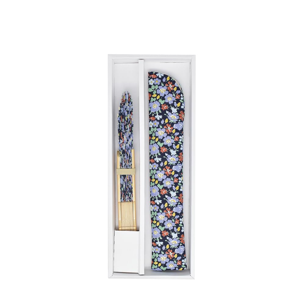 Onishi Ken Seihan LIBERTY Faltfächer und Faltfächer-Tasche Geschenkset, Blumendruck, Marineblau, „Welle“ SGF30-LIA04