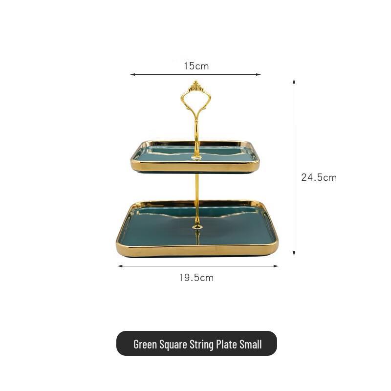 Green Two-Tier Square Ceramic Dessert Stand with Gold Edge