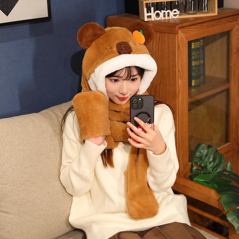 Cute Capybara Hat, Scarf and Gloves Three-in-one Capibala Guinea Pig Autumn and Winter Warm One-piece Three-piece Set