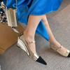 2025 Spring New Temperament Wedge Heel Color Matching Pointed Head Light Mouth Mary Jane Women's Shoes One Word Buckle Belt High Heel Single Shoes Wom
