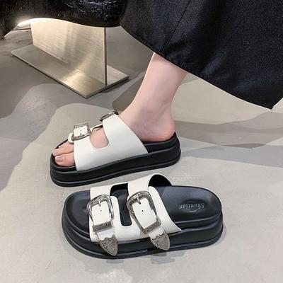 2025 Summer Slippers Women's Fashion and Leisure Flat-bottomed Beach One-word Sandals Buckle Platform Slippers Women's Shoes