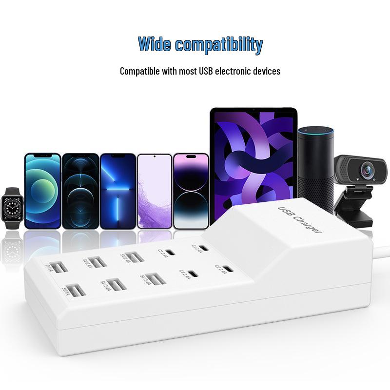 10-Port USB-C Fast Charger Power Strip, 5V2A, Safe Socket for Apple, Huawei, Xiaomi