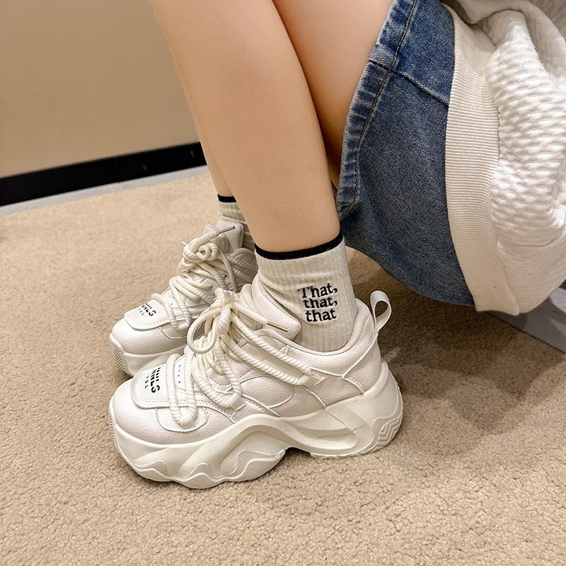 Black Women Chunky Leather Sneakers High Platform Ulzzang Sports Shoes New 2025 Spring Thick Bottom Women's Wedge Casual Shoes