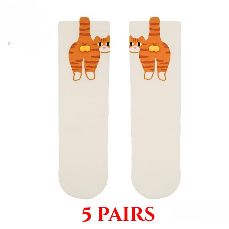 2/5/10 Paar Cartoon Schattige Kattenbolletjes Katoenen Sokken Kawaii Lolita Gebreide Sokken Vrouwen Meisjes Middelhoge Sok Slaapsok Kattenprint Vloersok