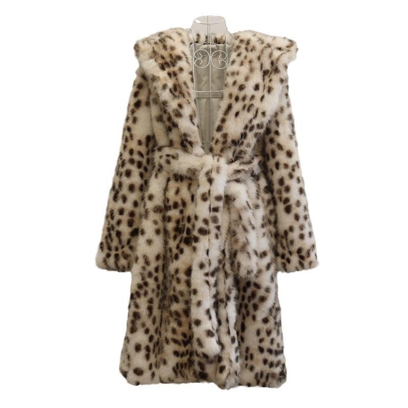 Damen-Imitatpelzjacke mit Leopardenmuster, langer Mantel aus Tokawolle mit Kapuze, warmer Winter-Nerz-Trenchcoat