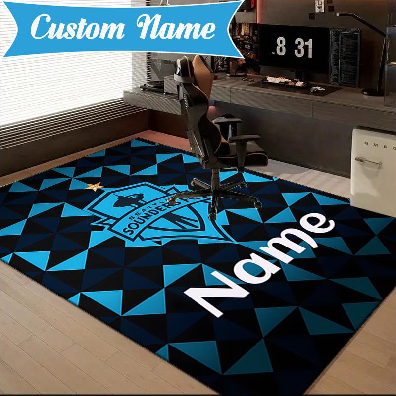 Custom Name Sounders FC Crest Rug Game Carpet, Floor Mat for Bedroom Living Room Entryway Rug, Home Decor Idea Gift for Christmas Birthday