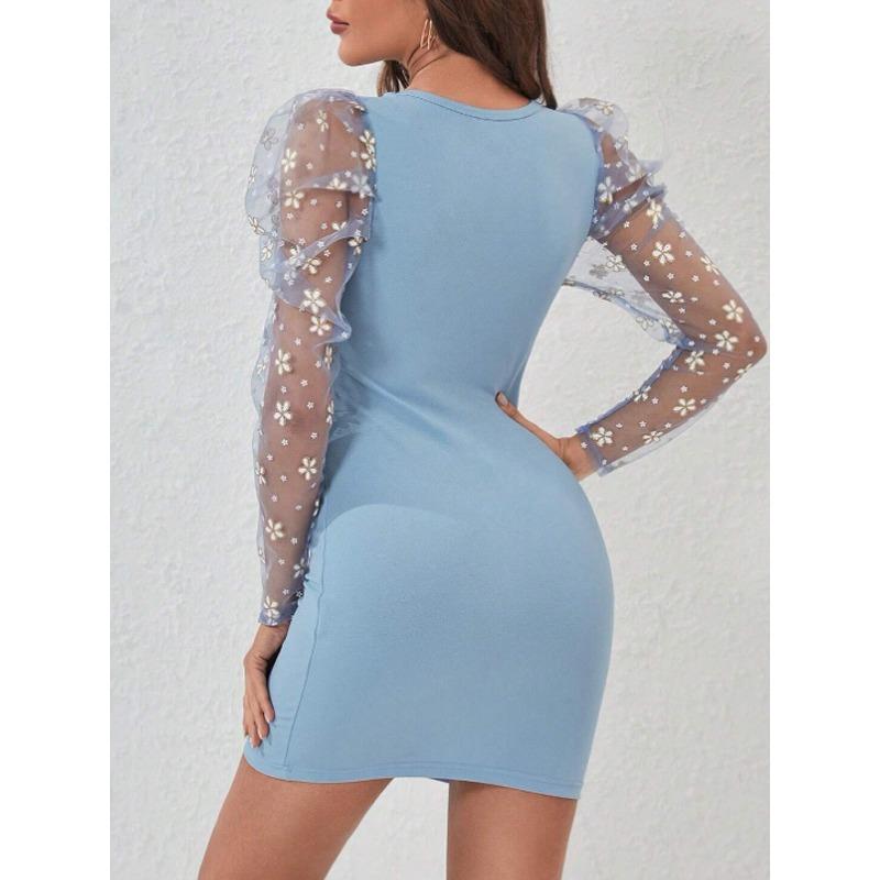 Women's Fashion Spring Fall Solid Color Print Long Sleeve O-Neck High Waist Casual Dresses