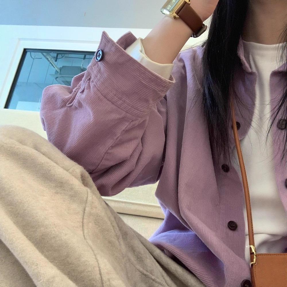 Women's Retro Purple Corduroy Shirt: Loose Fit, Korean Style, Ideal for Spring, Autumn, and Winter Layering