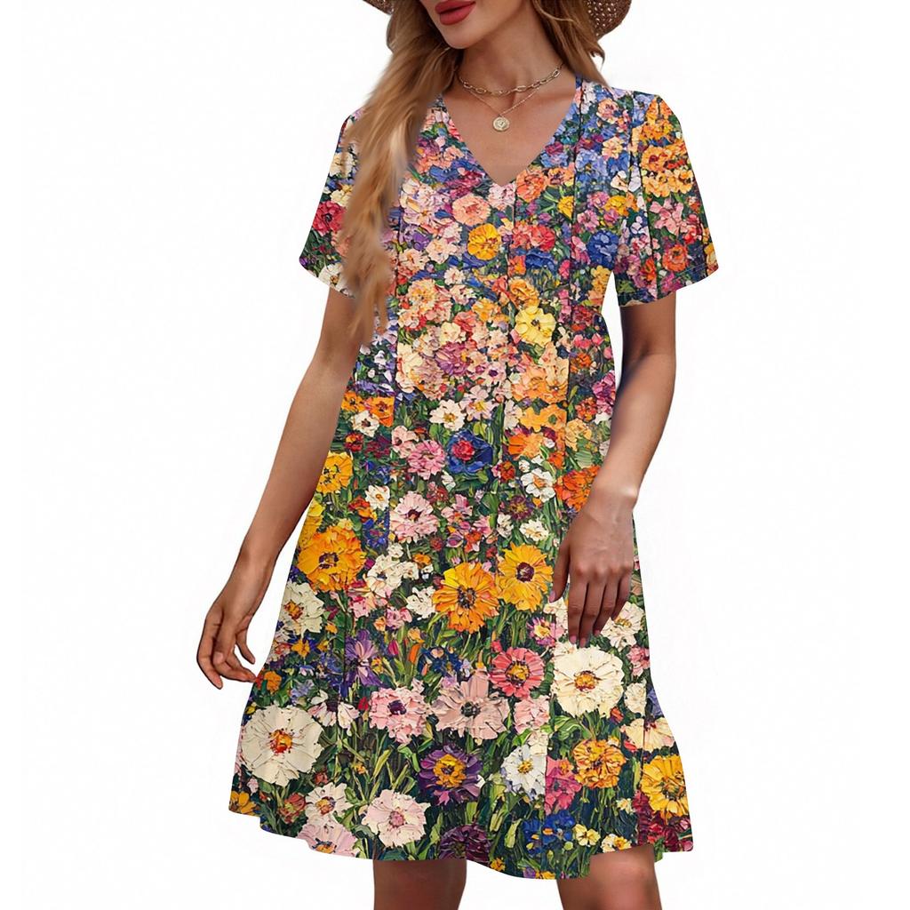 Women's Casual Fashion V-Neck Short Sleeve Floral Print Dress