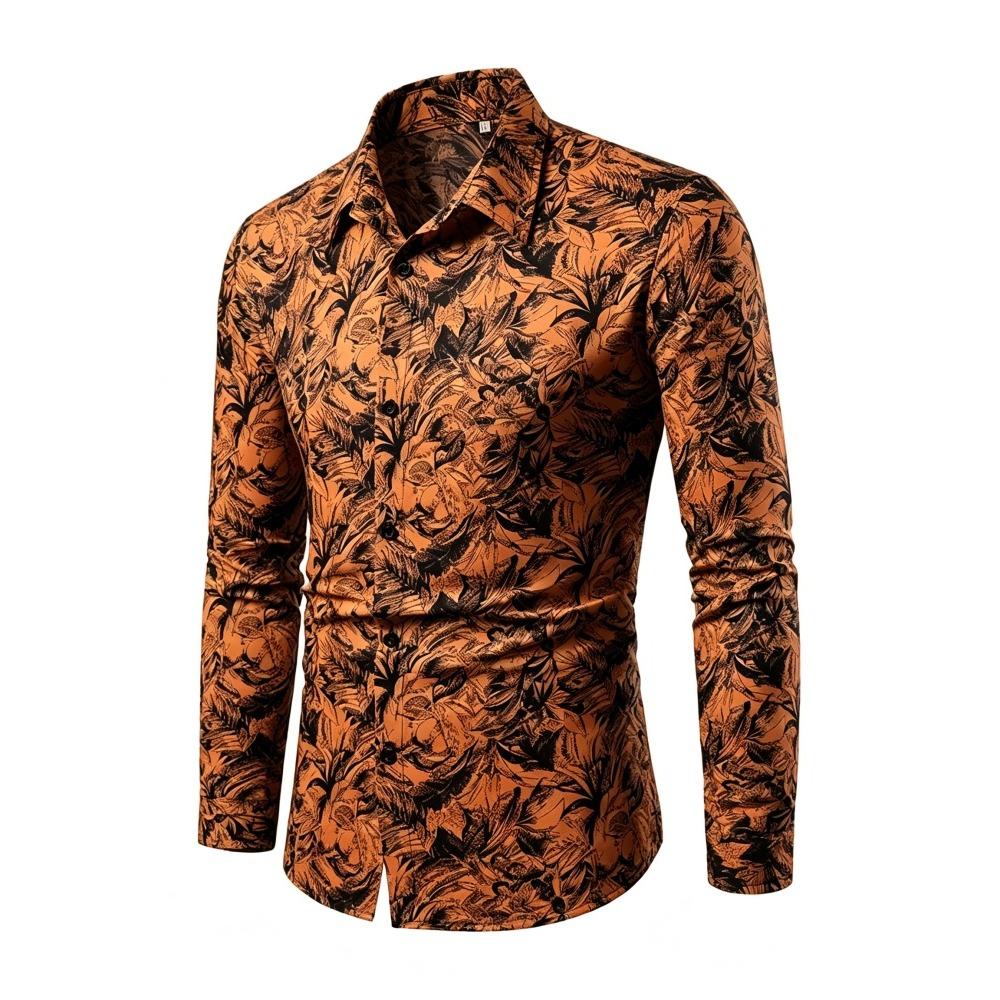 Men's Retro Plant Leaf Printed Long Sleeved Shirt with Slim Fit Collar Trend Shirt, Daily Party Casual Men's Top